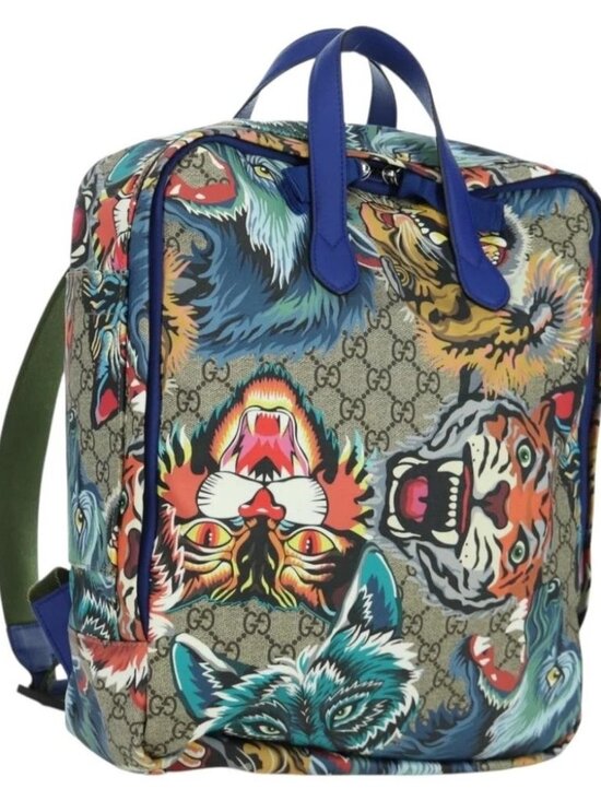 GUCCI GG Supreme Angry Cat Backpack PVC 2way Beige Silver 477875 Auth 171509SAM main image 13